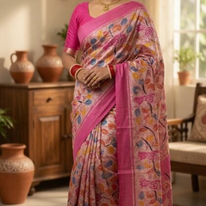 Pink pure silk batik saree with multicolour floral print