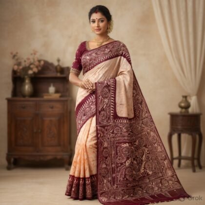Maroon Batik Silk Saree in Pure Silk with Traditional Floral Motifs