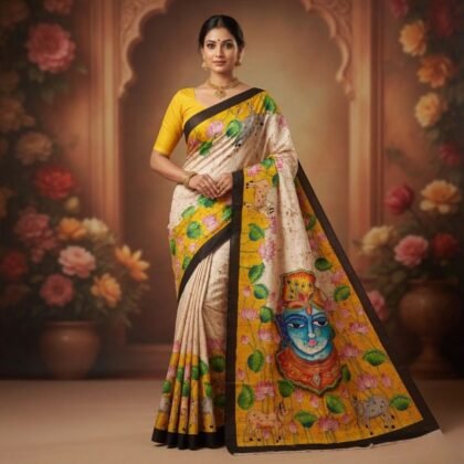 Hand batik silk saree with Krishna painting and lotus motifs