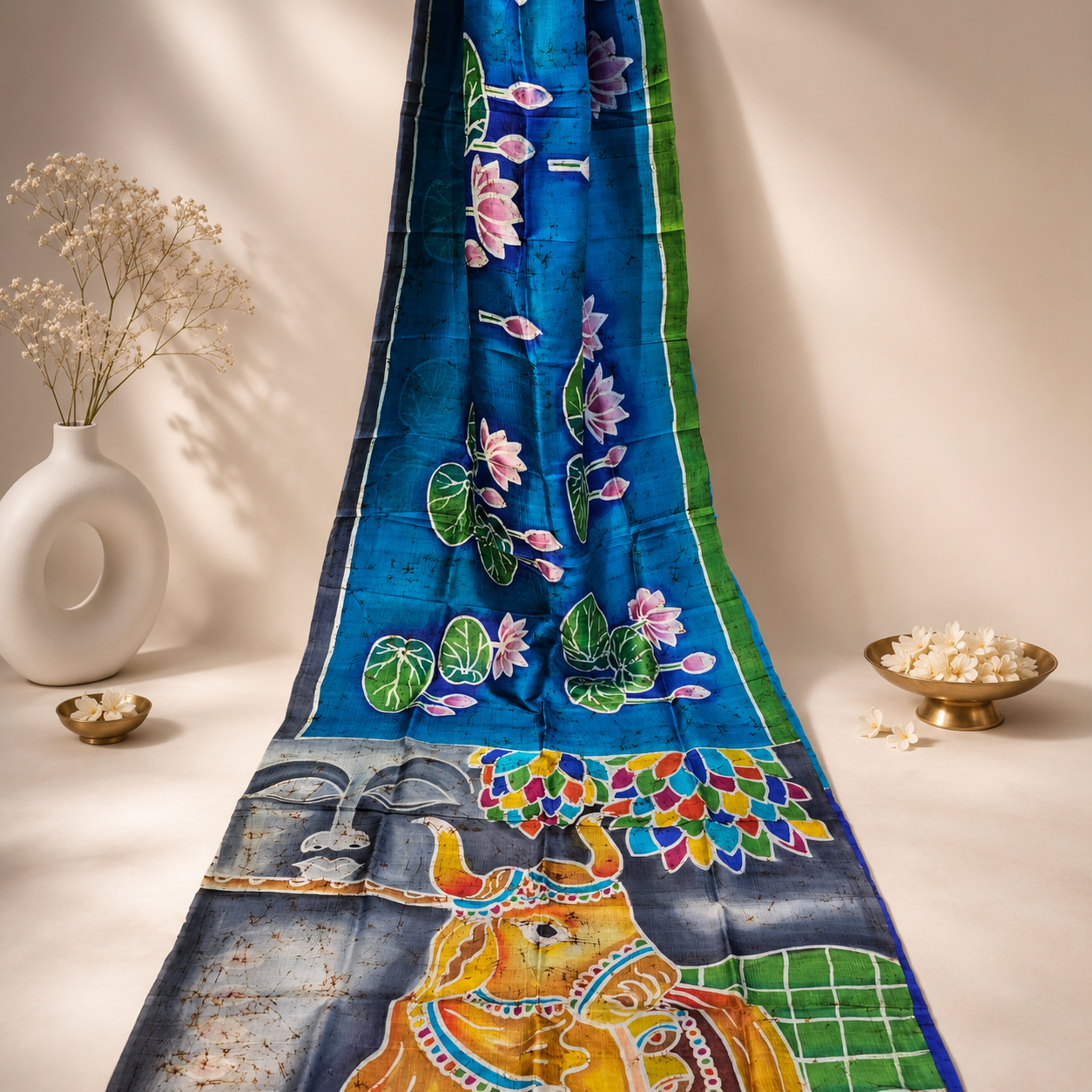 Bishnupuri Batik Silk Saree – Handcrafted Floral & Traditional Art Design - Image 2