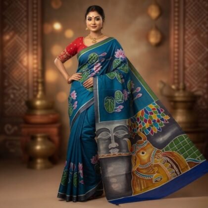 Bishnupuri Batik Silk Saree in blue with floral and traditional artwork