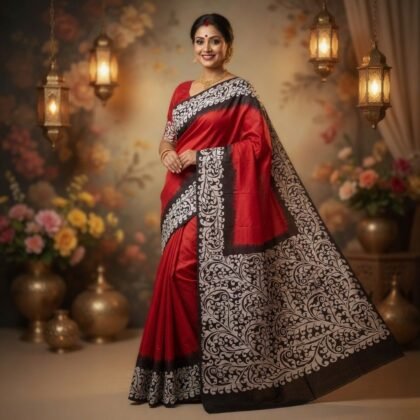 Red pure silk saree with black and white floral print