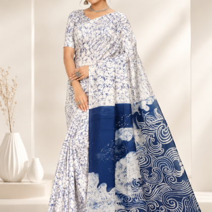 Hand Batik Bishnupuri Pure Silk Saree in White and Navy Blue with Designer Hand Painted Aanchal