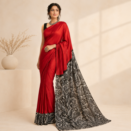 Pure Bishnupuri Silk Hand Batik Saree with rich red body and black & white artistic aanchal, handcrafted premium Bengali silk saree.