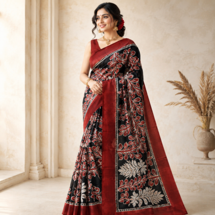 Maroon Floral Hand Batik Bishnupuri Silk Saree with handcrafted floral artwork and black designer pallu.