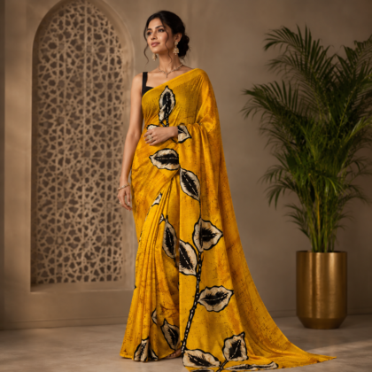 Mustard yellow leaf motif silk saree with black and beige design