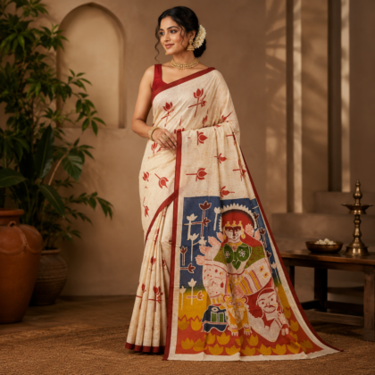 Bishnupuri folk art silk saree with hand batik motifs and traditional pallu