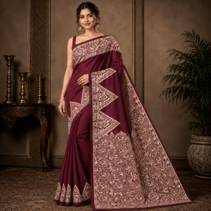 Maroon Batik Bishnupuri silk saree with cream traditional motifs