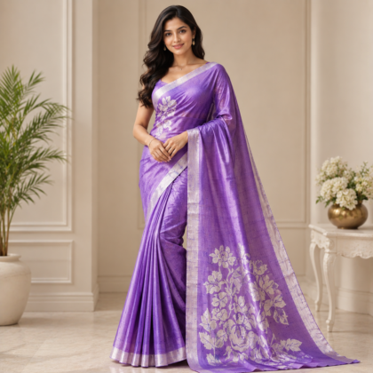 Purple hand batik silk saree with floral artwork