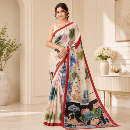 Hand Batik Silk Saree with Floral and Bird Motifs