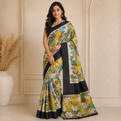 Multicolour hand batik silk saree with floral design and black border