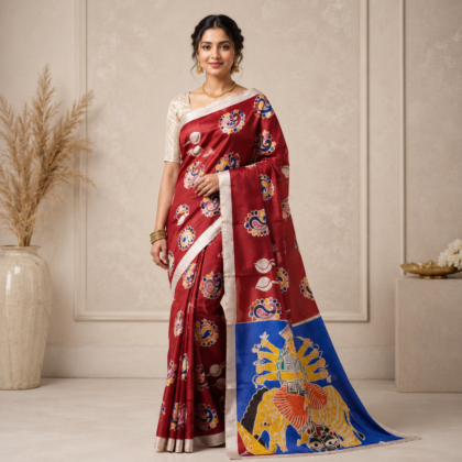Bishnupuri hand batik silk saree with red body and blue artistic pallu