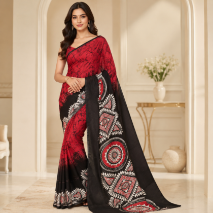 Red Black Bishnupuri Batik Silk Saree with traditional motifs
