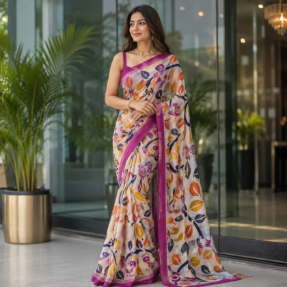 Bishnupuri Batik silk saree with multicolour motifs and magenta border