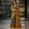 Mustard Yellow Pure Silk Batik Hand Painted Saree with Black Floral Pallu