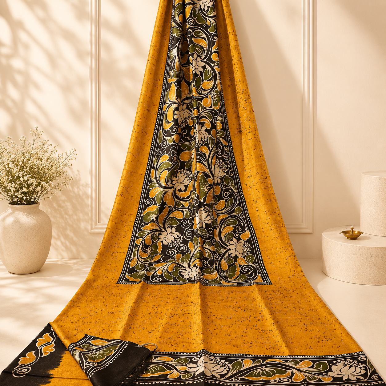 Mustard Black Floral Hand Batik Pure Silk Saree - Image 2