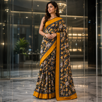 Mustard black hand batik silk saree with floral design and yellow aanchal