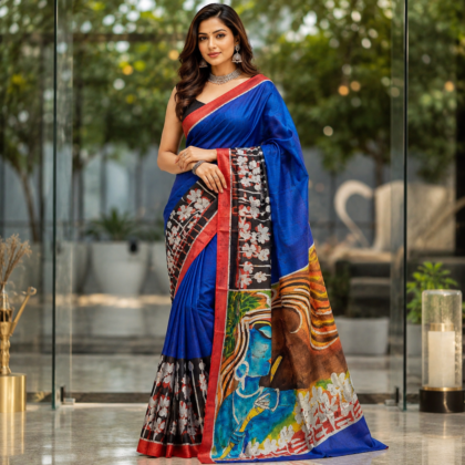 Royal blue Bishnupuri pure silk hand batik saree with artistic pallu