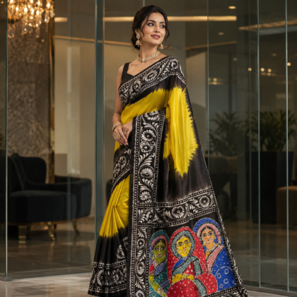 Black yellow hand batik silk saree worn by a modern woman