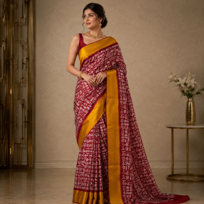 Maroon White Motif Pure Silk Batik Saree