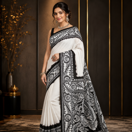 Black White Pure Silk Batik Saree with Floral Design
