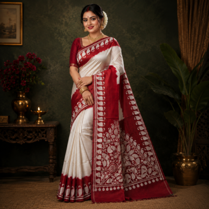 Modern Bengali woman wearing red white pure silk saree