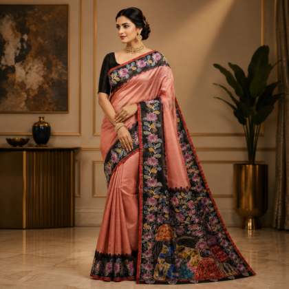 Blush pink pure silk batik saree with black floral design