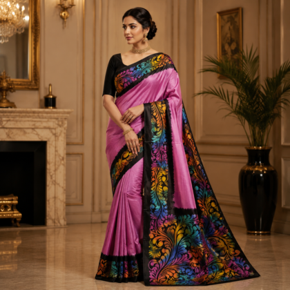 Multicolour floral batik silk saree with pink body and black batik artwork