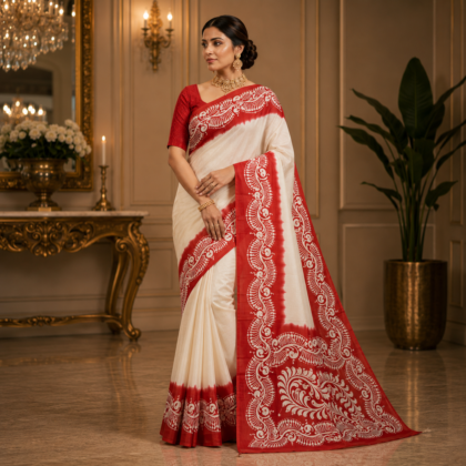 Red cream hand-painted pure silk saree with traditional floral motifs