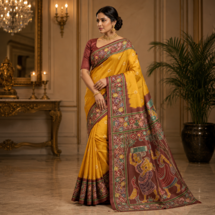 Mustard yellow batik silk saree with floral border and traditional figurative pallu