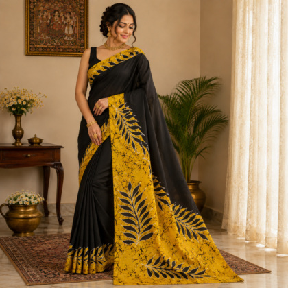 Yellow Black Batik Silk Saree with Leaf Motifs