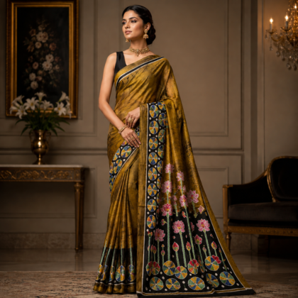 Mustard gold hand-painted silk saree with floral black pallu