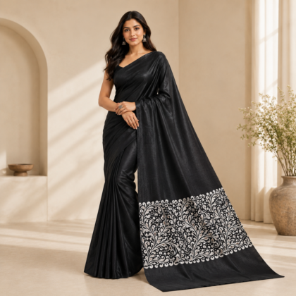 Black Batik silk saree with white floral design