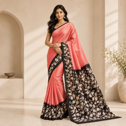 Coral pink pure silk saree with black floral paisley print