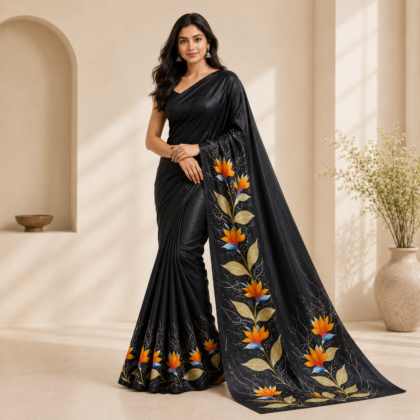 Pure silk black floral saree with orange border and colorful floral motifs