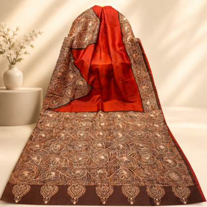 Red batik silk saree with handcrafted floral motifs