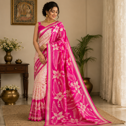 Pink pure silk batik saree with floral leaf design