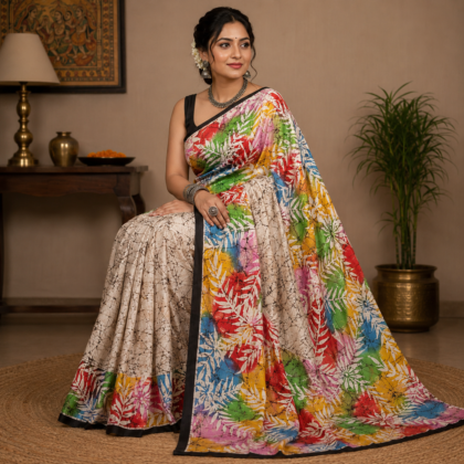Multicolour floral batik silk saree with vibrant artistic print