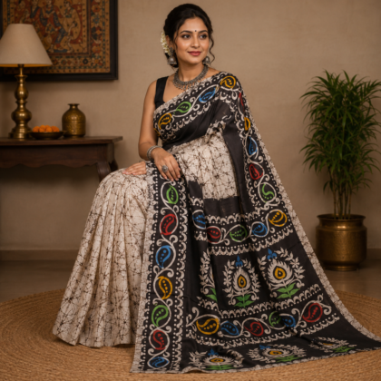 Black Multicolor Batik Silk Saree with Floral and Paisley Motifs
