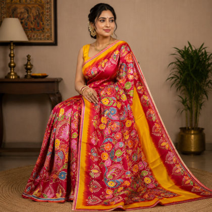 Red multicolour batik silk saree with floral and artistic motifs