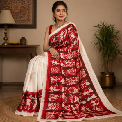 Red Tribal Batik Silk Saree with Traditional Folk Motifs