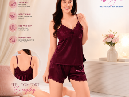 Women’s Premium Wine Satin Finish Night Suit Set with Lace Camisole & Shorts