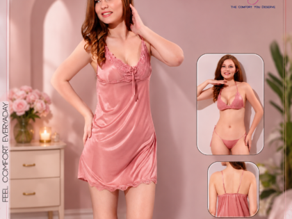 Women's Soft Satin Feel Lace Nightdress with Matching Bra & Panty Set