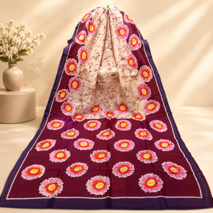 Maroon Batik Silk Saree with Floral Batik Design