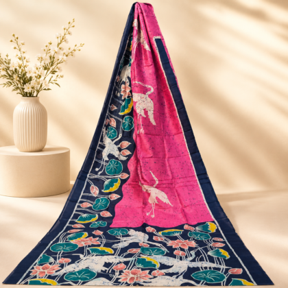 Pink navy blue batik silk saree with floral and bird motifs