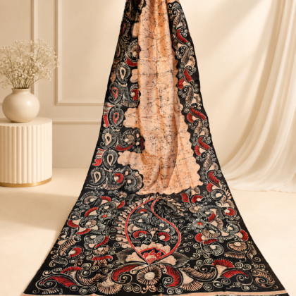 Batik Pure Silk Saree with peach body and intricate floral motifs