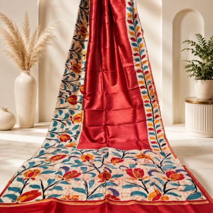 Bishnupuri Batik Silk Saree in red pure silk with floral batik design