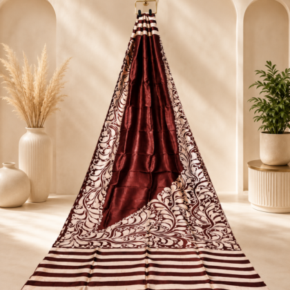 Burgundy batik silk saree with cream floral design