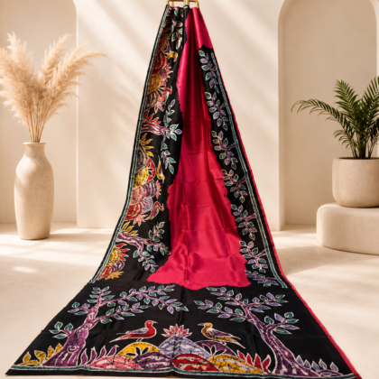 Magenta Batik Silk Saree with black floral and bird motifs