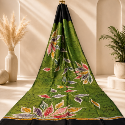 Green Black Batik Silk Saree with Multicoloured Leaf Motifs